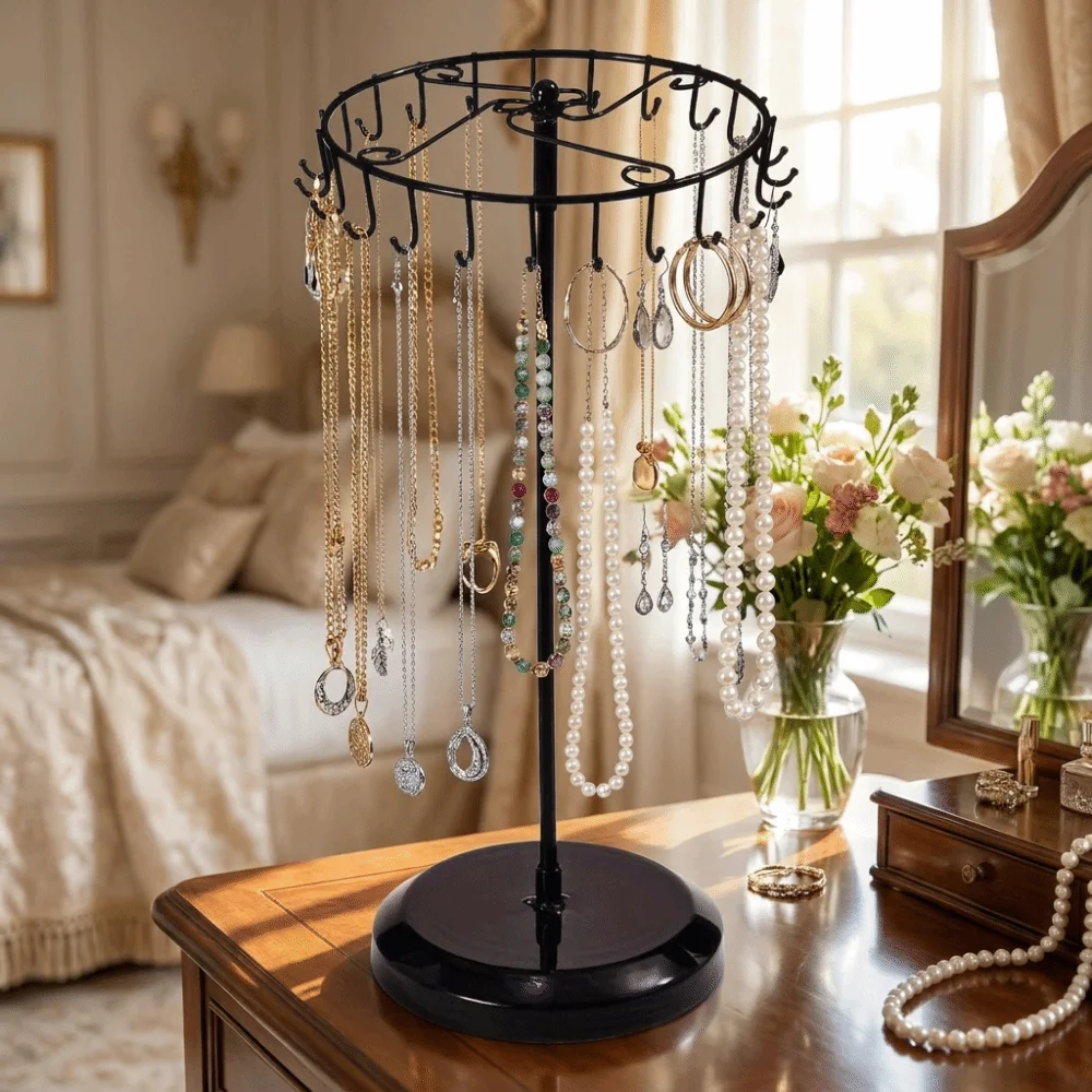 Rotating Necklace Organizer 23 hooks Removable Jewelry Display Stand Heavy Duty Space Saving Necklace Holder Desktop Display