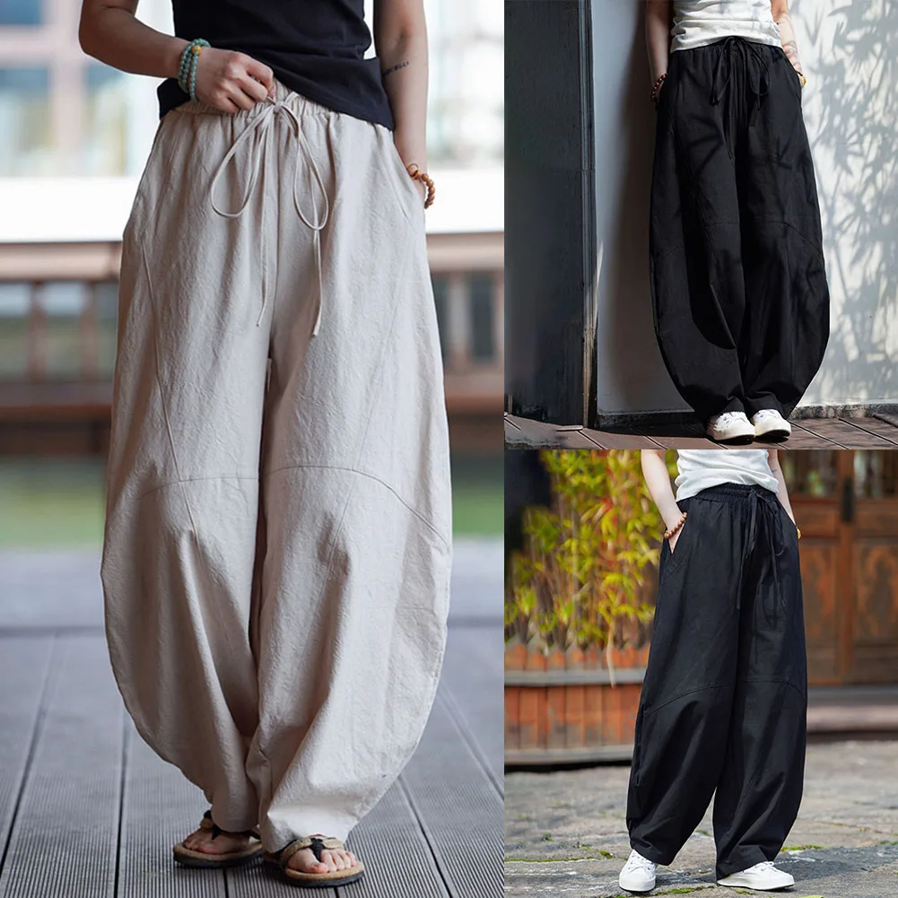 Men's Thin Vintage Loose Bloomers Pants Solid Patchwork Elastic Waist Trouser Fashion Straight Pants