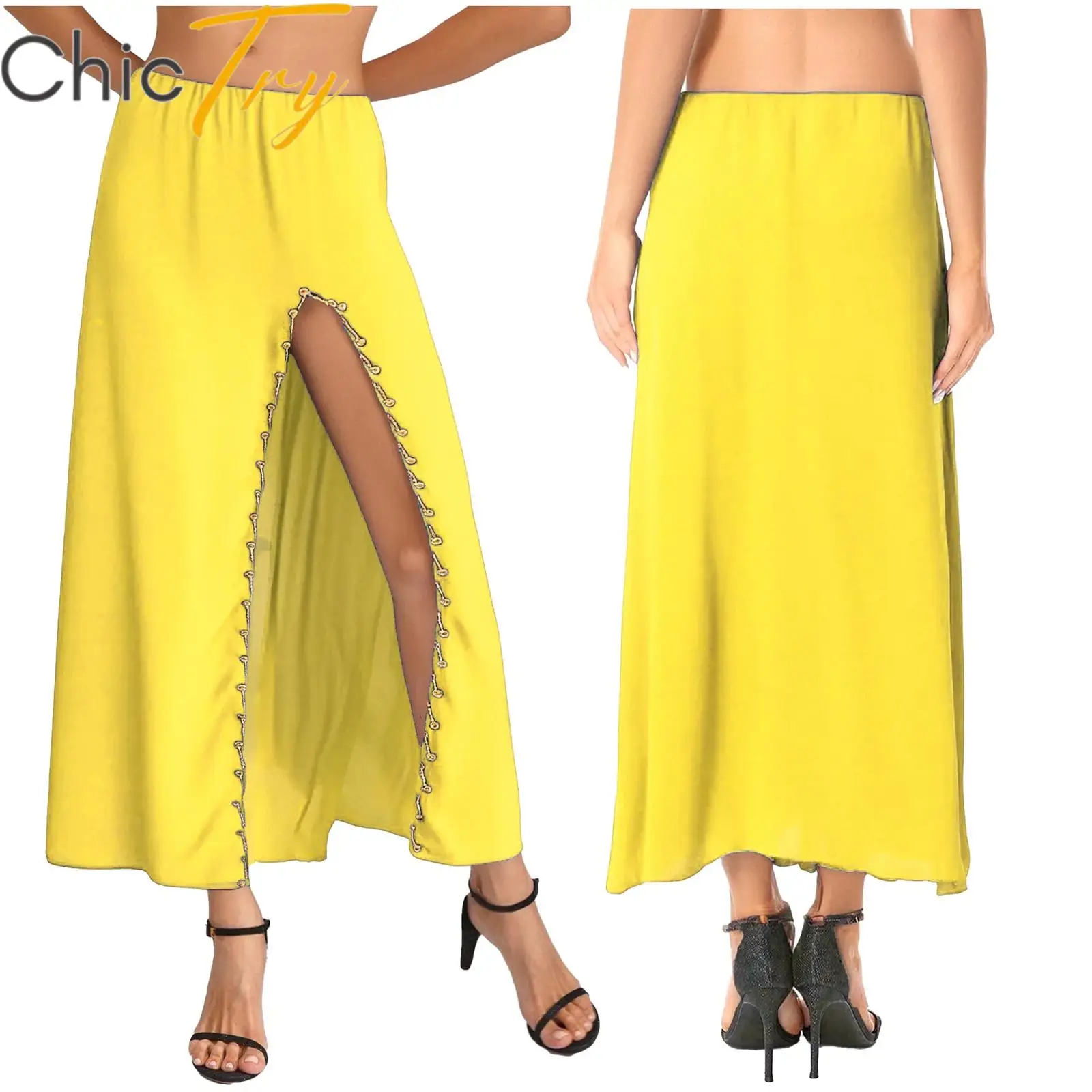 

Womens Belly Dance Maxi Skirt Elastic Waist Side Split Plastic Beads Trim Dancing Skirt India Dance Ethnic Dance Stage Costume