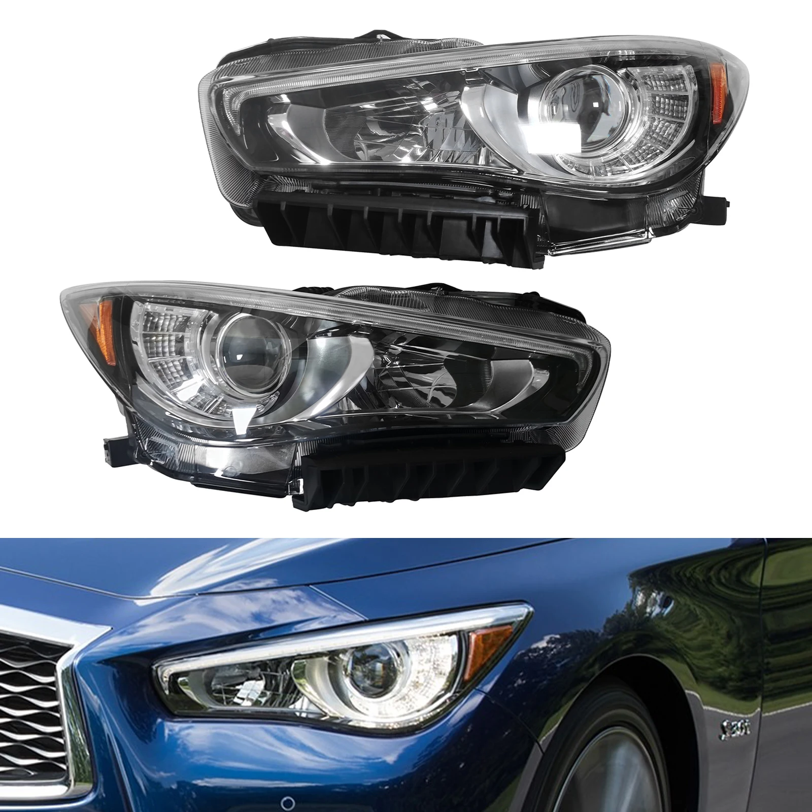 

Headlights Assembly For 2014-2022 Infiniti Q50 Headlights LED Left or Right Headlamp Black Housing