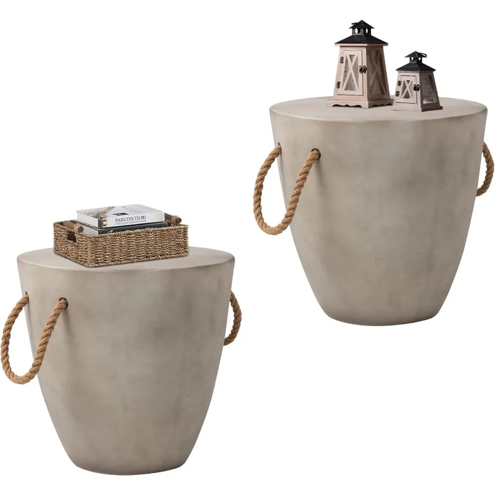 

Concrete Outdoor Side Table Sets Of, 2 Pieces Drum Accent Light Gray Modern End Table, Round Coffee Table With Rope Handl