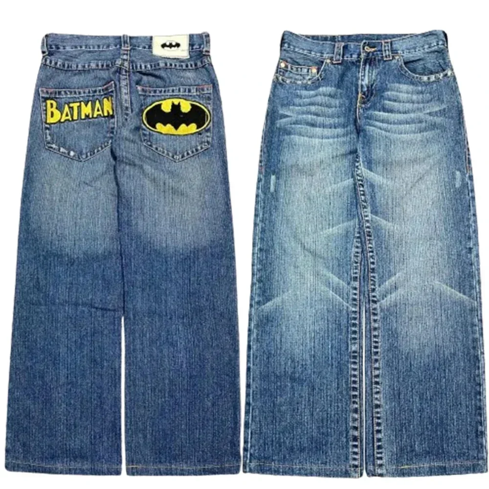 Pantalones vaqueros sueltos con patrón de murciélago bordado para hombre y mujer, pantalones de pierna ancha de cintura alta, Retro, Y2K, Harajuku, Hip Hop