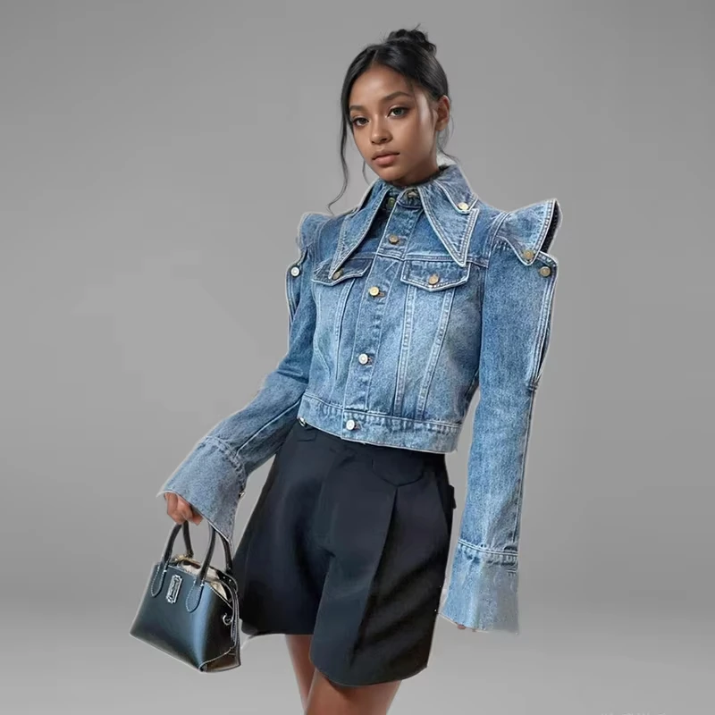 Trendy New Women's Off-shoulder Design Denim Coat 2026 Autumn Fashion Double Lapel Long Sleeves Jacket Female