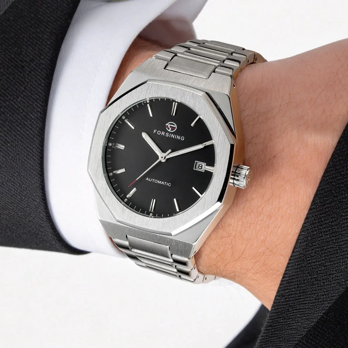 FORSINING Original Factory Elegant Man Wrist Watches Stainless Steel Strip Date Automatic Movement Clockwork Waterproof Luminous