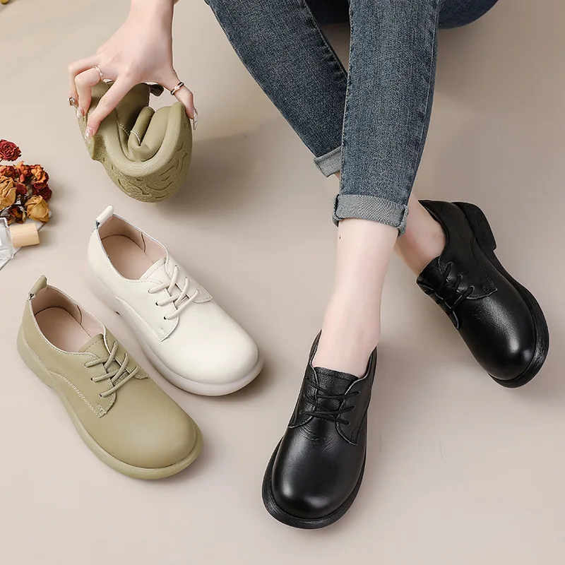 New women\'s oxfords shoes genuine leather loafers woman lace up office work shoes big size 43 ladies comfort business shoes