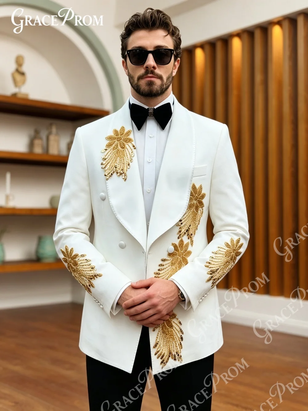 Elegant White Double Breasted Men Tuxedo Gold Floral Beaded 2 PCS Luxury Suit Set For Wedding Groom Party فساتين سهرة رجالية