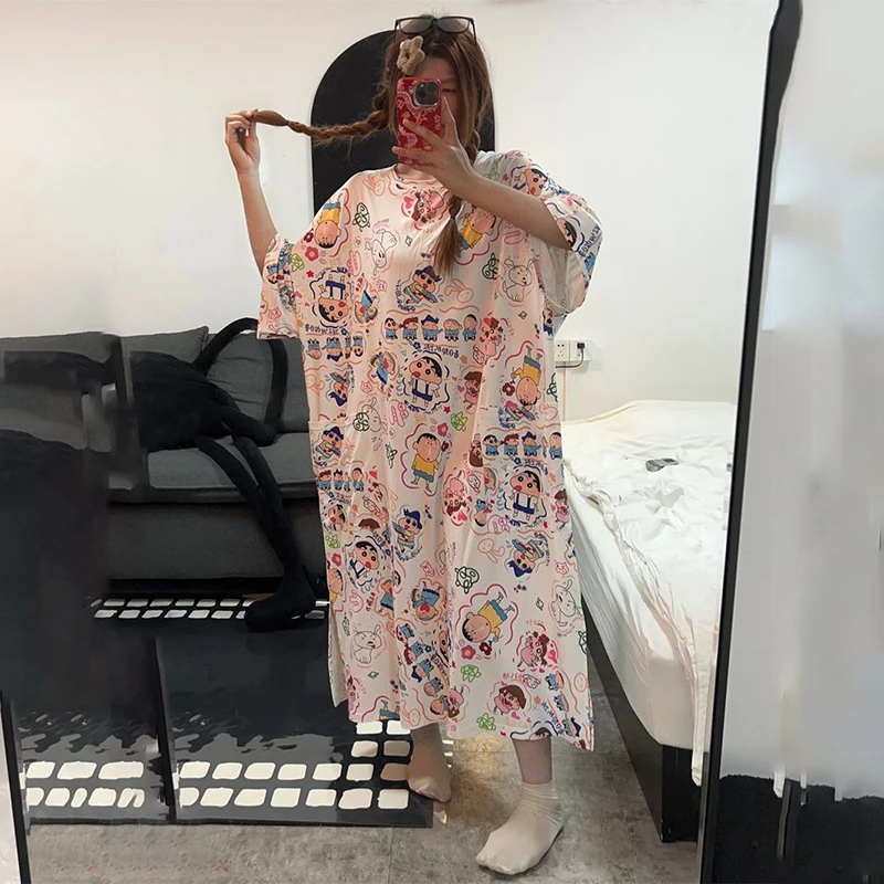 

Crayon Shin-Chan Kawaii Anime Short Sleeved Nightgown Cute Cartoon Ventilate Leisure Plus Size Medium and Long Styles Girl Gift