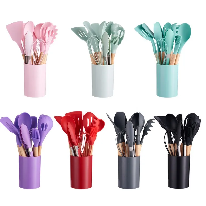 Silicone Kitchen Utensils Set with Wooden Handle, Cooking Gadgets, Plastic Holder, 12Pcs