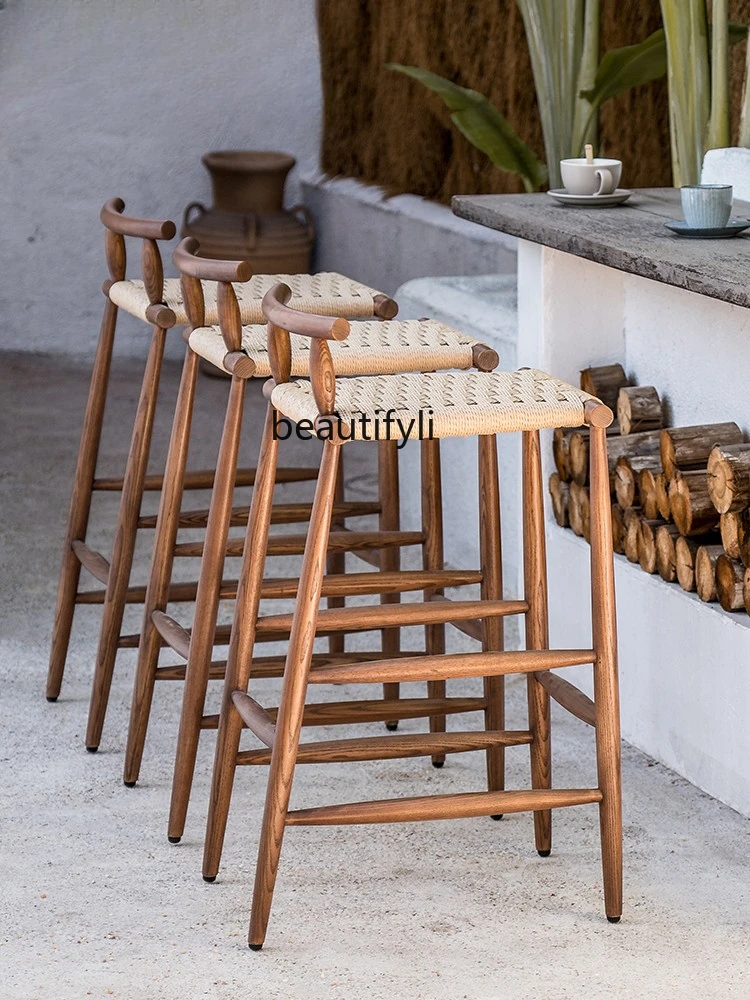 Outdoor Solid Wood Bar Stool Teak Rattan High Chair