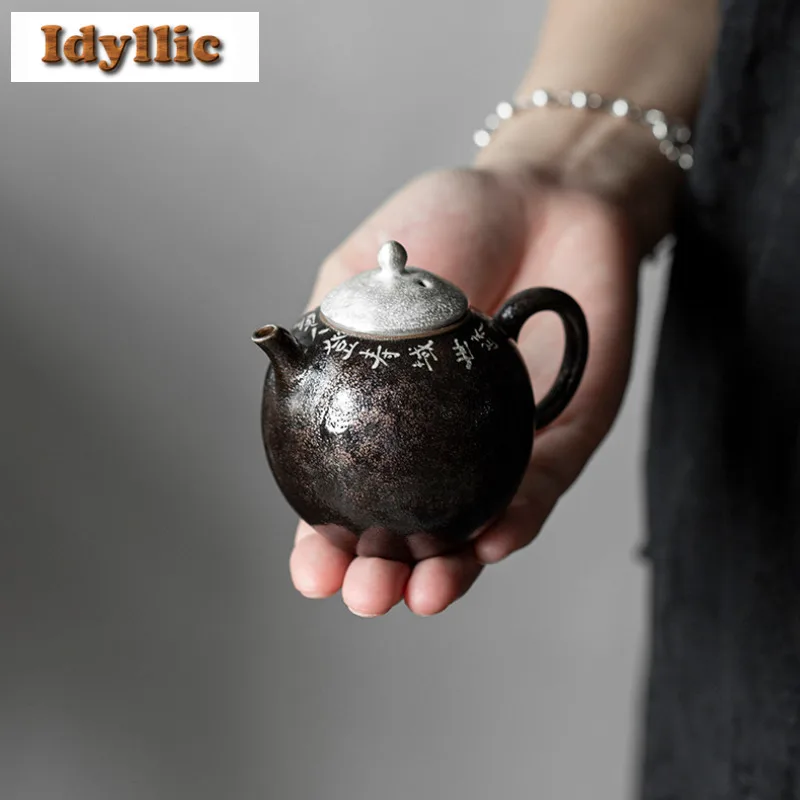 120 مللي إبريق شاي أسود لامع مرسومة يدويًا وعاء مصفاة شاي قديم لصنع الشاي غلاية مع فتحة كروية ومقاهي Puer لوازم حرفية