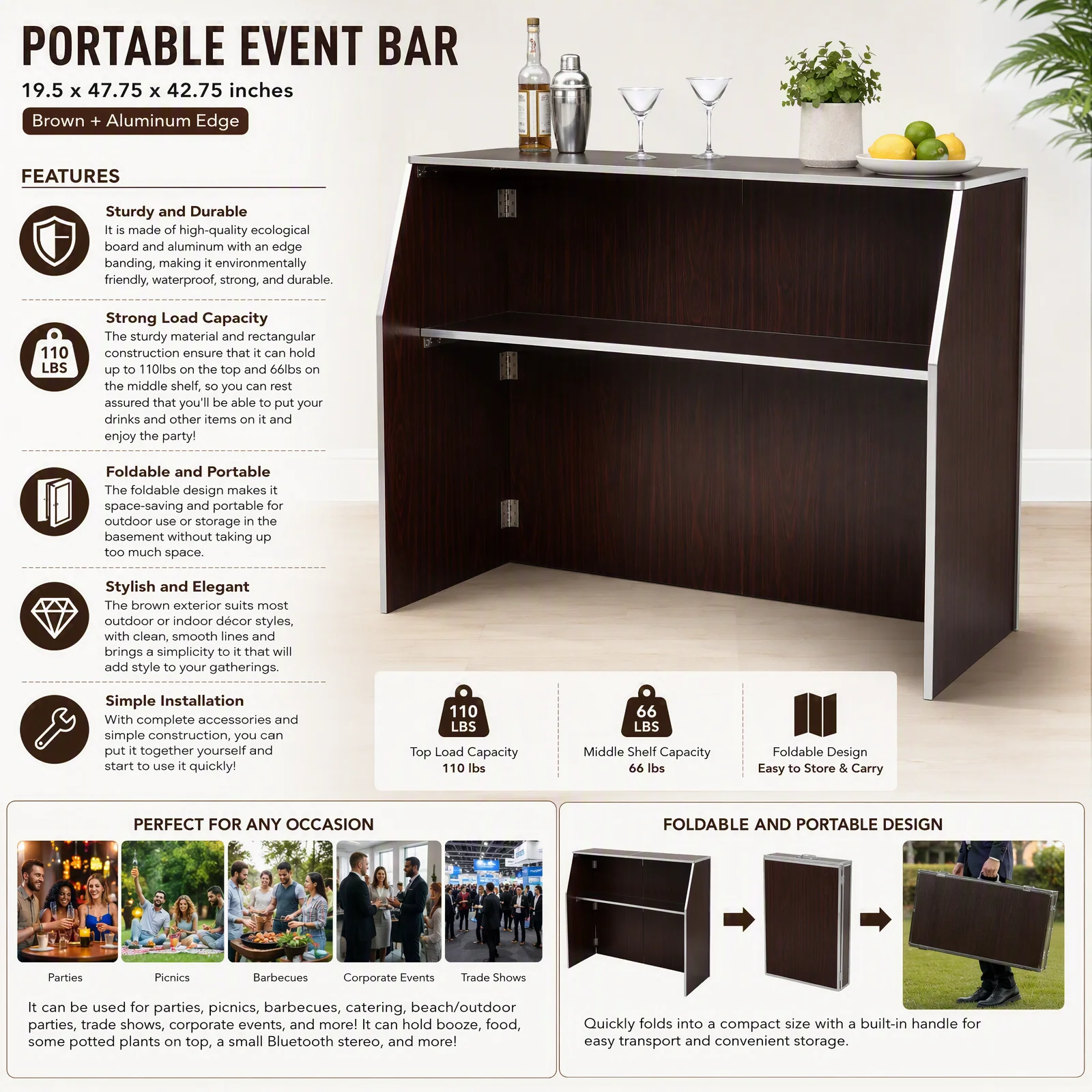 Foldable Portable Event Bar Cabinet, Aluminum & Ecological Board, 110lbs Top Load, Brown, for Parties Picnics BBQ Outdoor Indoor Events, Easy Assembly