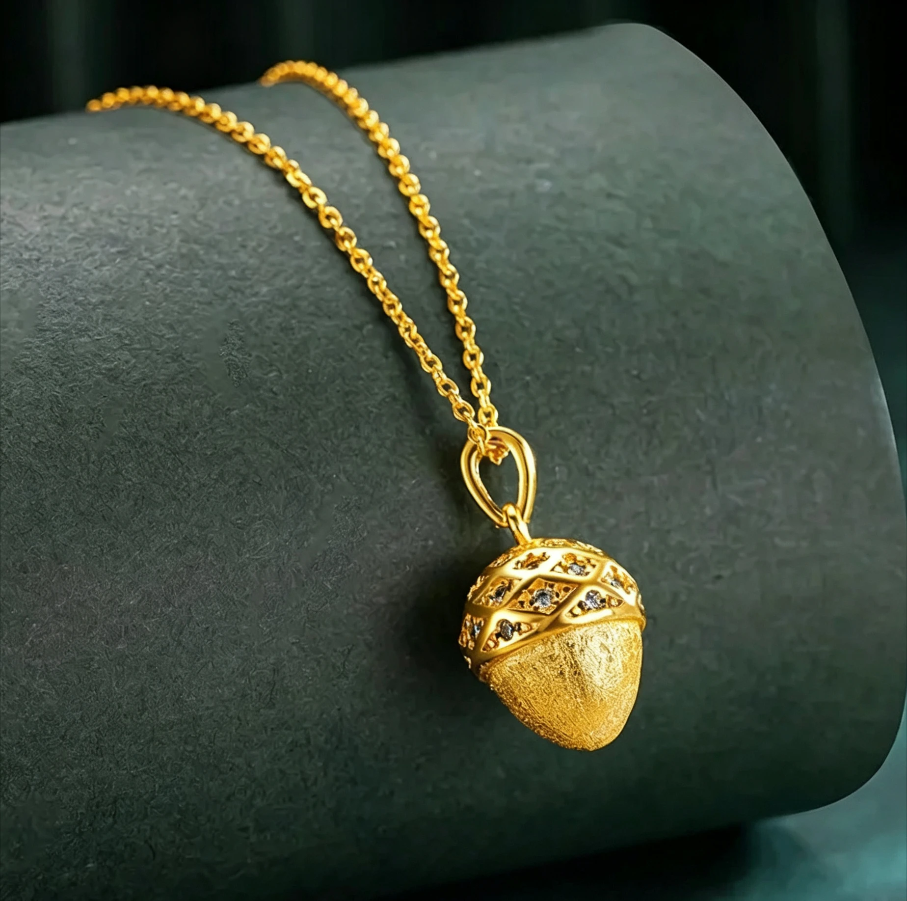 9999 Pure Gold real gold French Brushed Diamond Small Pine Fruit Pendant Necklace  birthday gift
