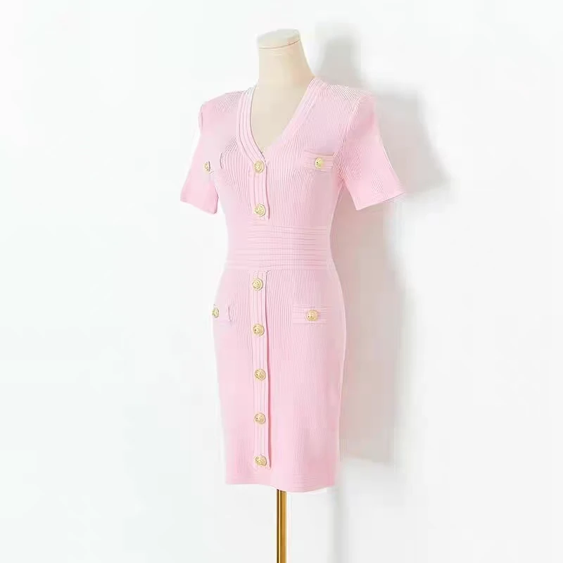 

High Quality New Style Commuting Socialite Style Classic V-Neck Knitted Short Skirt With Rivet Buckle Short Sleeved Dress
