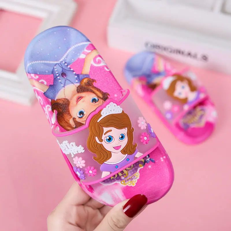 Disney Children\'s Slippers Summer Girls Indoor Anti-skid Soft Bottom Cartoon Baby Girls Boy Fashion Pink Blue Shoes Size 24-37