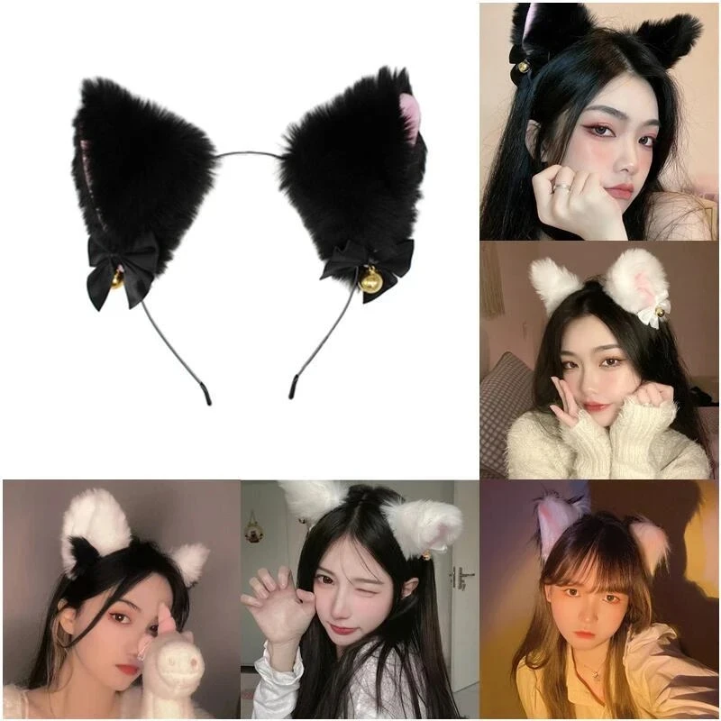 Diadema de encaje con orejas de gato para mujer y niña, accesorios para el cabello para Cosplay de Halloween, fiesta de disfraces de Anime, campana Sexy