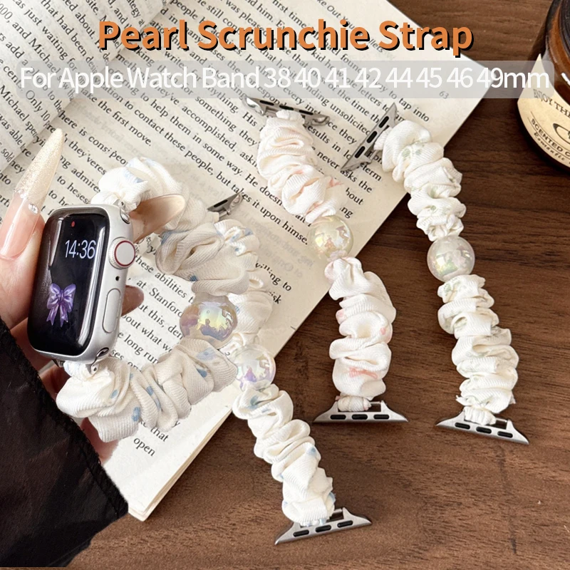 Pearl Scrunchie Strap for Apple Watch Ultra 49mm 46 42 41 45 38 44 40 Loop Printed Elastic Wristband for IWatch S10 9 8 7 Se 6 5