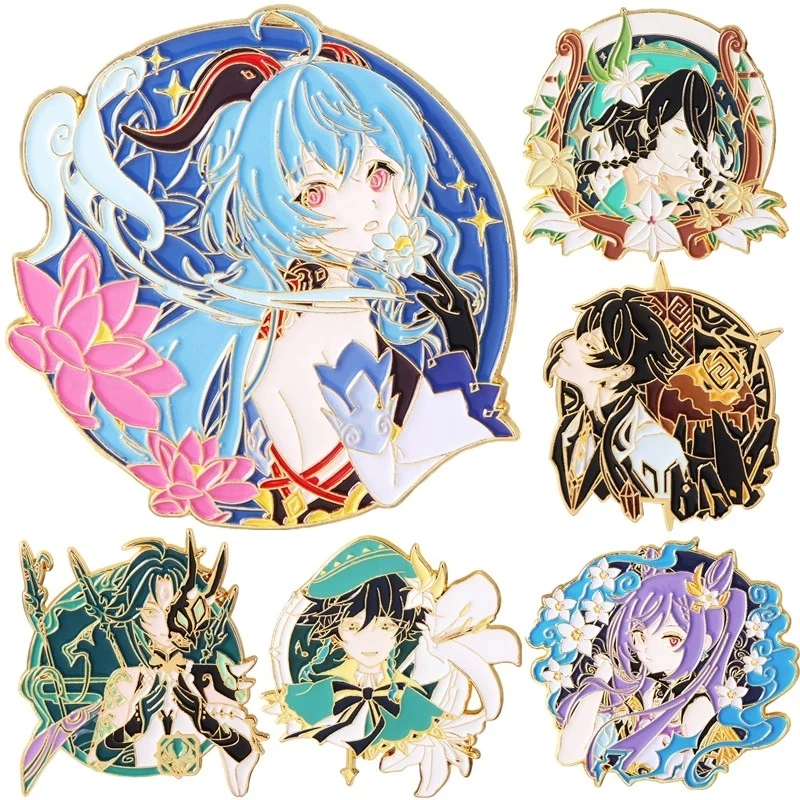 Genshin Impact Character Enamel Pins Cute Anime Lapel Brooch Badge, Ganyu Venti Keqing Xiao Zhongli Metal Pin Jewelry Gift