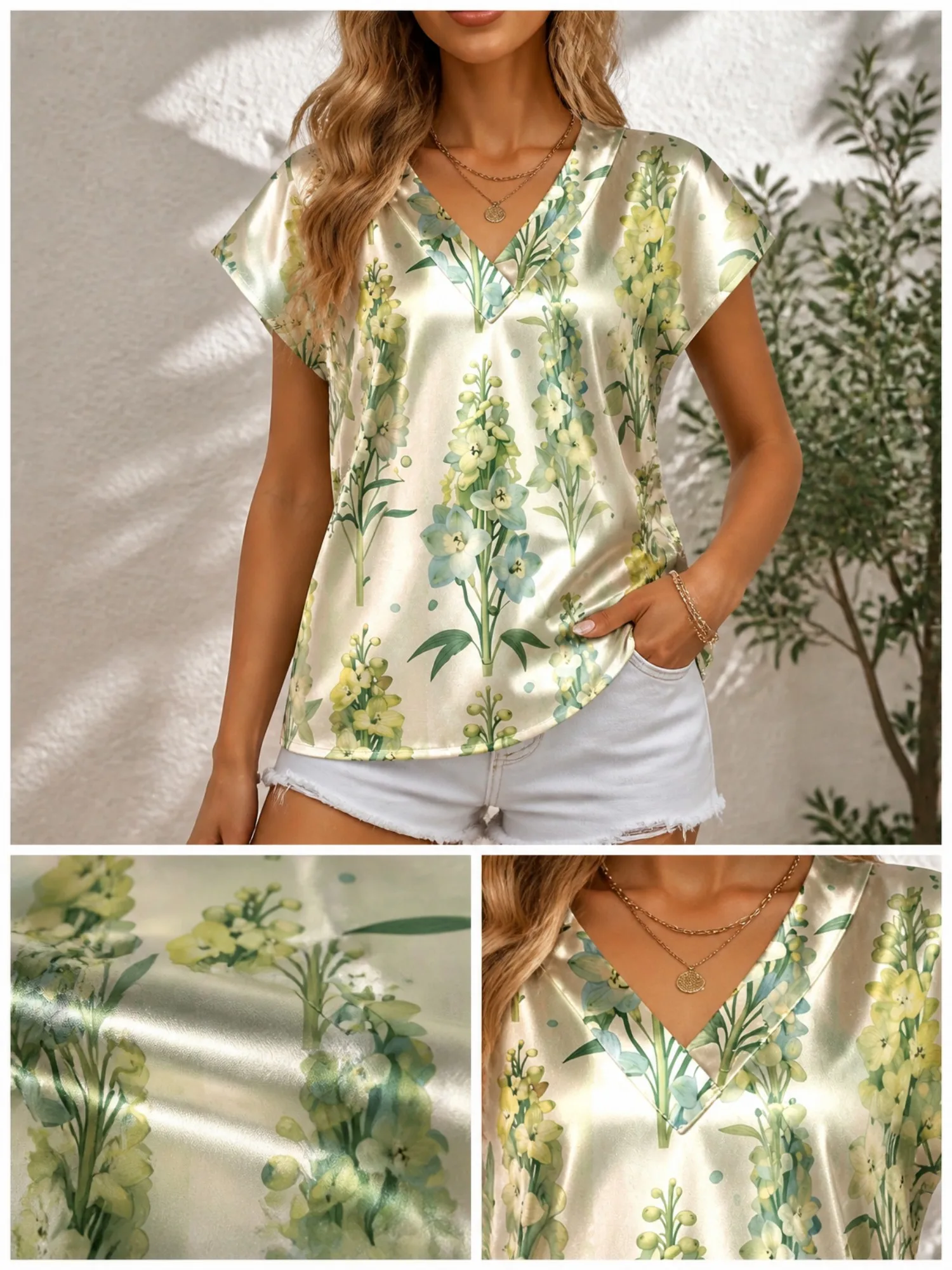 Floral Satin V Neck Top for Women Cap Sleeve Comfort Draped Fit Silky Light Vacation Daily Wear Lightweight Breathable Versatile