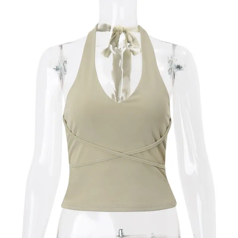 ALLNeon 90s Vintage Solid Halter Tops Summer Sleeveless Backless Tanks Top Y2K Aesthetics Slim Cross Bandage Camis Streetwear