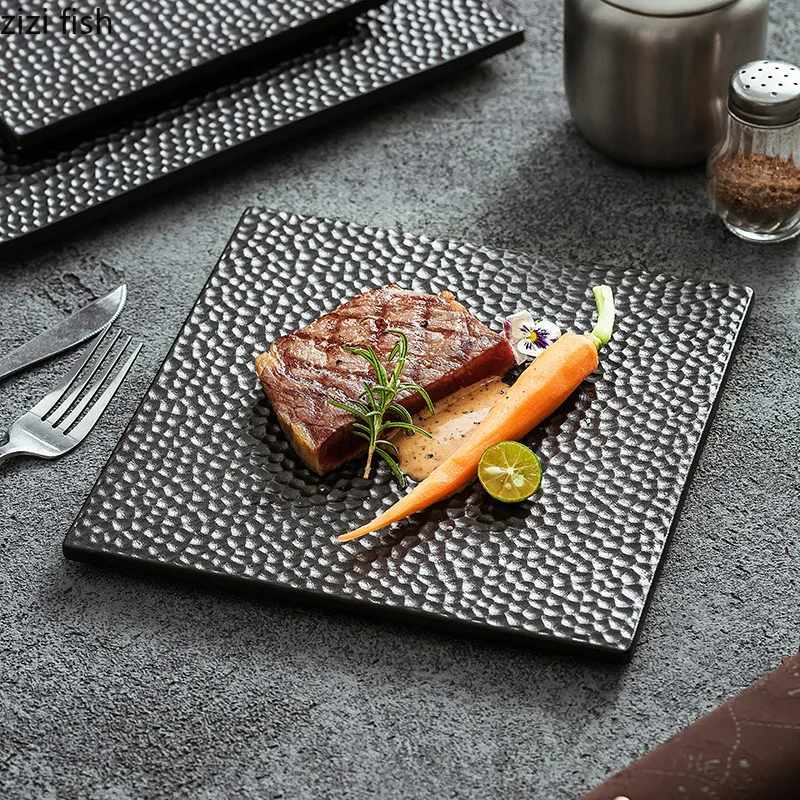 Square Black Steak Plate Ceramics Dining Plate Sushi Plates Sting Disc Dessert Plates Fruit Dish Snack Bowl Dim Sum Dish