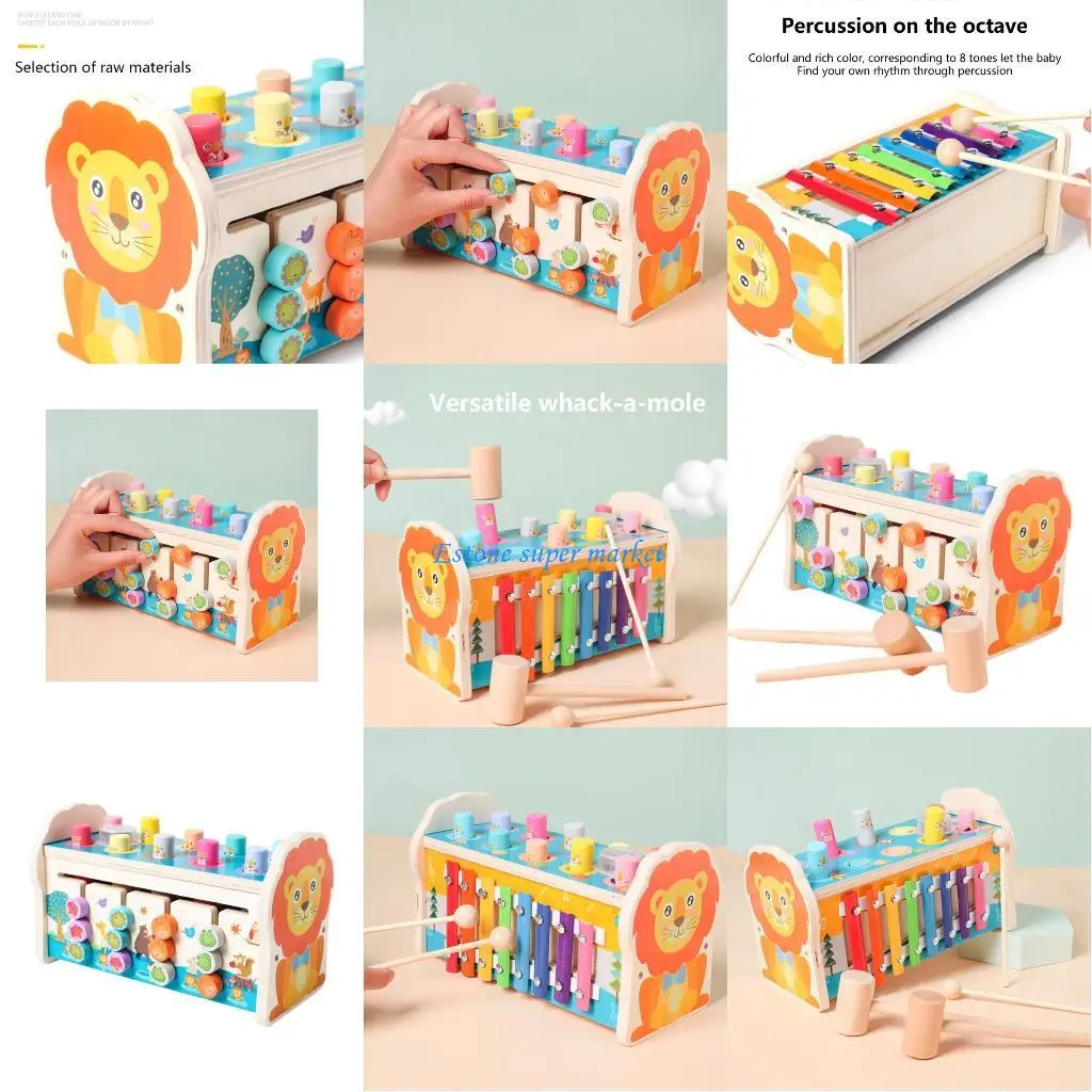 

090B Wooden Pounding Toy Parent-Child Interaction Toy for Hand-Eye Coordination Noise Maker Wrack-A-Mole Toy for Kids 3Year+