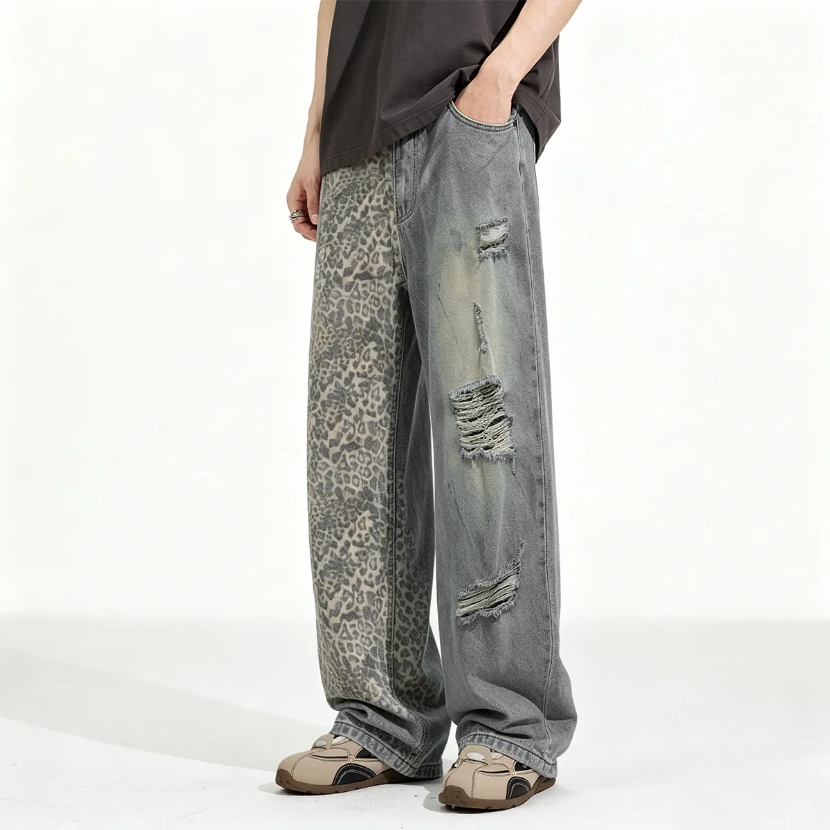 MWJLPWQ New Asymmetrical Patchwork Jeans Men's American Street Leopard Print Distressed Loose Fit Wide-Leg Pants Unisex 21483