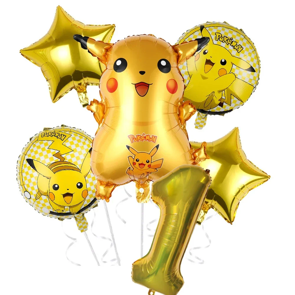 6pcs Cartoon Pokemon Pikachu Theme Foil Balloons Set Red Gold Star Balloon Kids Birthday Party Baby Shower Party Decor Supplies