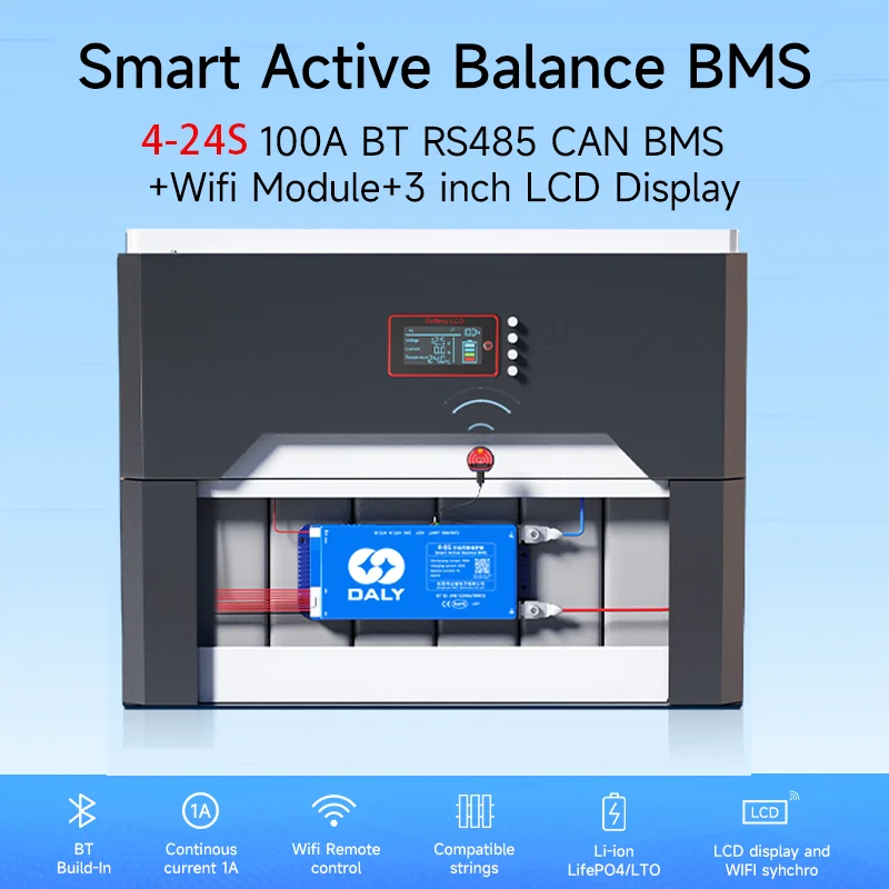 Daly Smart 100 BMS 4S 8S 10S 16S 24S 100A BMS WIFI built in BT  Active Balance 1A BT BMS Lifepo4 NMC Li-Ion