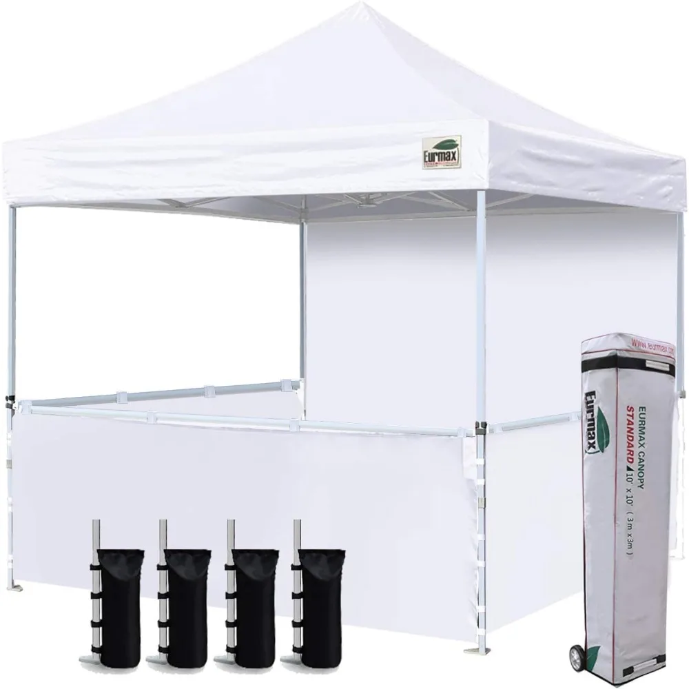 

USA 10'x10' Pop-up Booth Canopy Tent Commercial Instant Canopies with 1 Full Sidewall & 3 Half Walls and Roller Bag, with 4 San