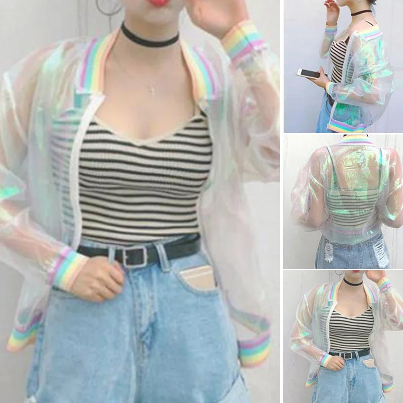 Women Iridescent Laser Transparent Coat Jacket Holographic Coat Rainbow Baseball Windbreaker Coats Woman Clothing