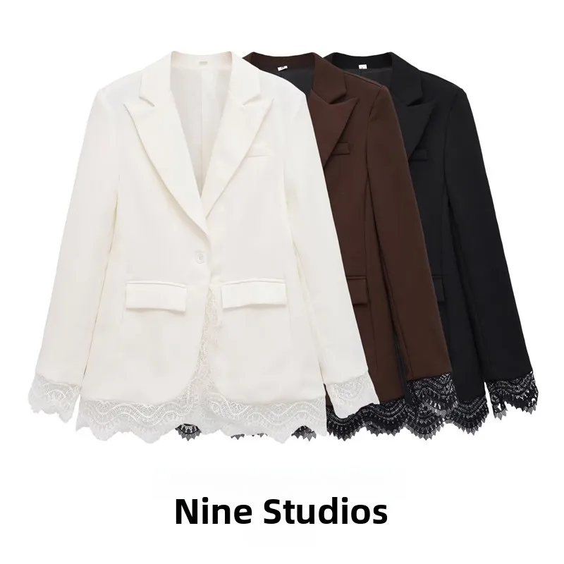 NINE ZAR Women's Lace Trim Waistcoat Casual  Color Suit Jacket Long Sleeve Winter Fashion Ladies' Premium Quality
