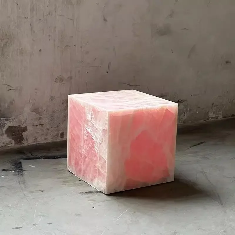 Luxury Natural Pink Onyx Marble Square Edge Design Ornament Sample Room Home Tea Table Bedside Living Room Sofa Side Decoration