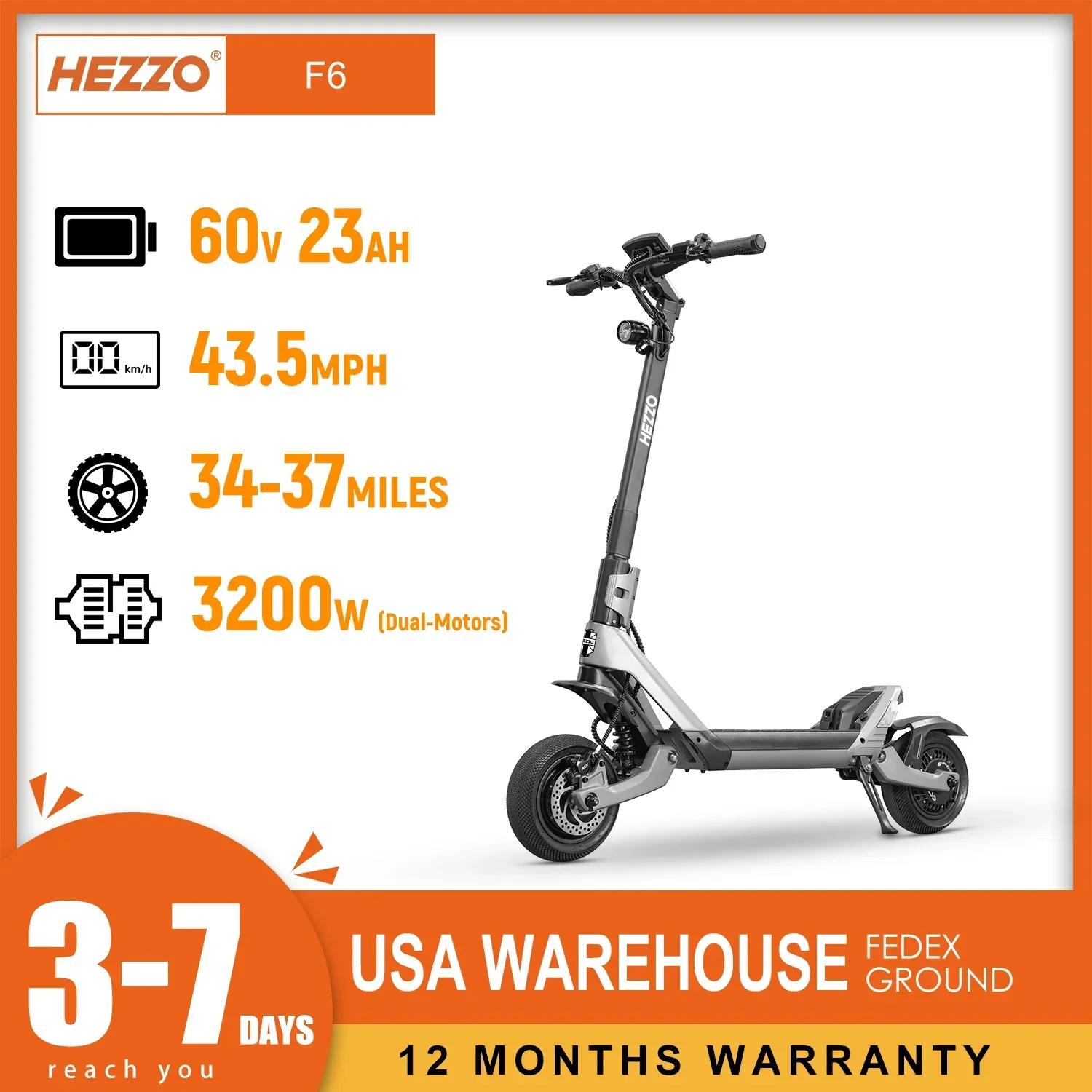 HEZZO F6 electric scooter 60V voltage 1600W dual motor 10 inch off-road folding scooter 23AH battery 43.75miles maximum speed 88