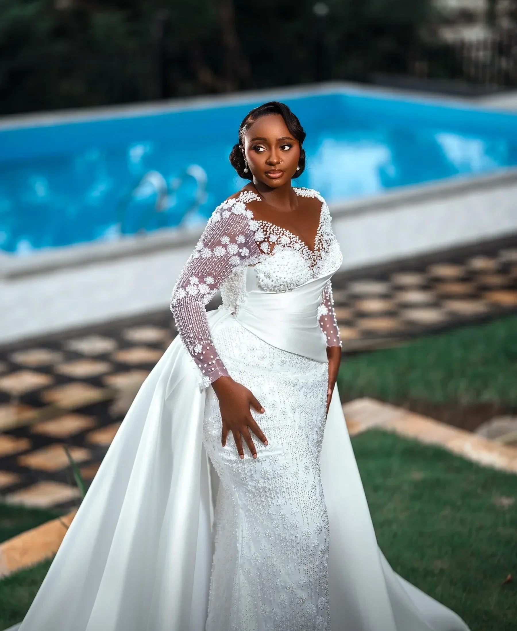 Customized Sparkly Pearls Beads Mermaid Wedding Dress Removable Skirt Robe Long Sleeve Bridal Gown Vestidos De Noiva