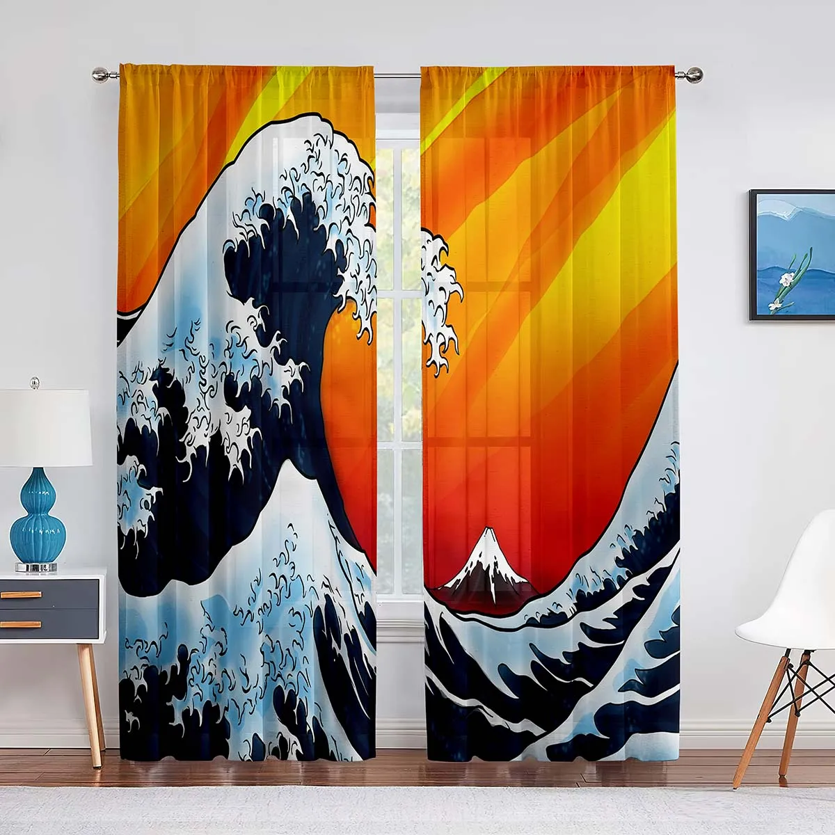 Oriental Culture Hand Drawn Style Japanese Motifs Illustration Wave Tulle Curtains for Living Room Bedroom Sheer Curtain Kitchen