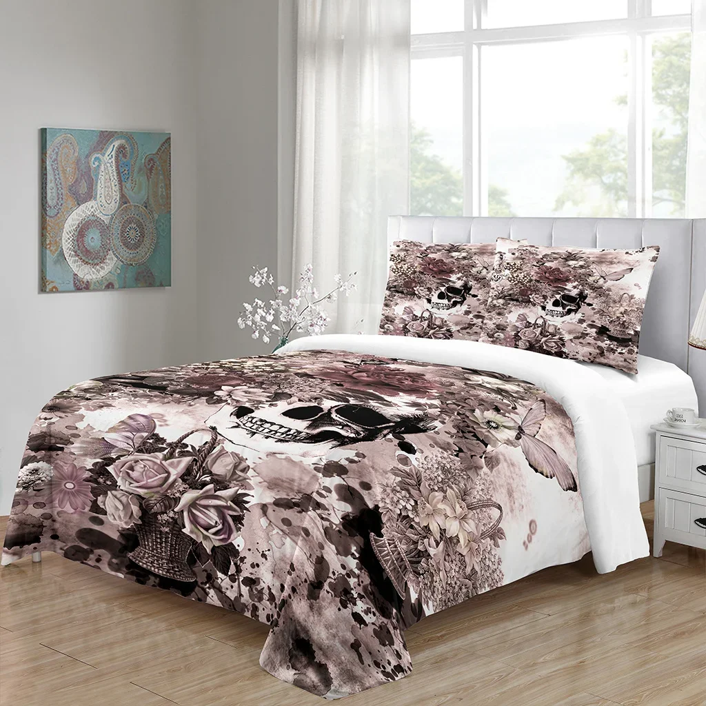 3D Pink Rose Flower Skeleton Couple kissing Design Skull Bedding Sets Single Double Bed Duvet Cover Set and 2 pcs Pillow cover