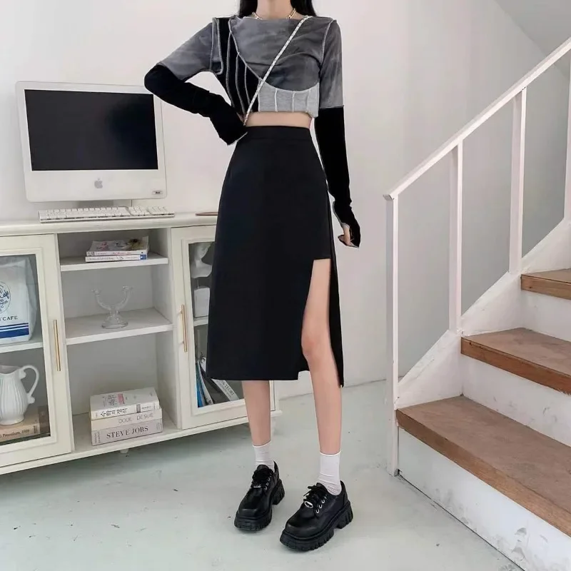 

Длинные юбки с боковым разрезом, женские S-3XL, элегантные однотонные юбки с эластичной резинкой на талии, повседневные весенне-летние женские Faldas, винтажная мода, простая