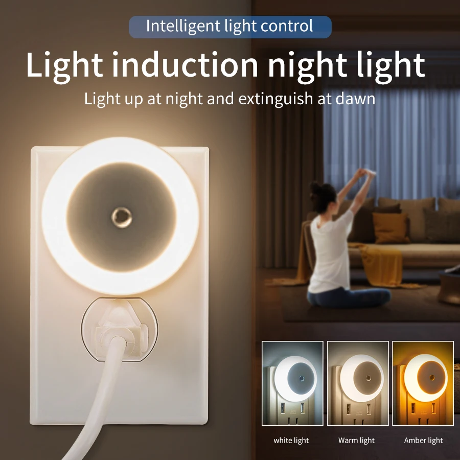 

Light Induction LED Cabinet Lamp Round US EU Plug in Light Sensitive Night Lamp for Kitchen Closet Stairs Bedroom Hallway Toilet