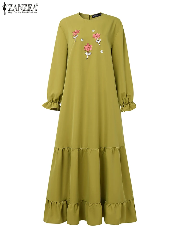 ZANZEA femmes automne broderie Maxi robes mode Robe musulmane dubaï Abaya longue lanterne manches Robe Femme robes florales 2025