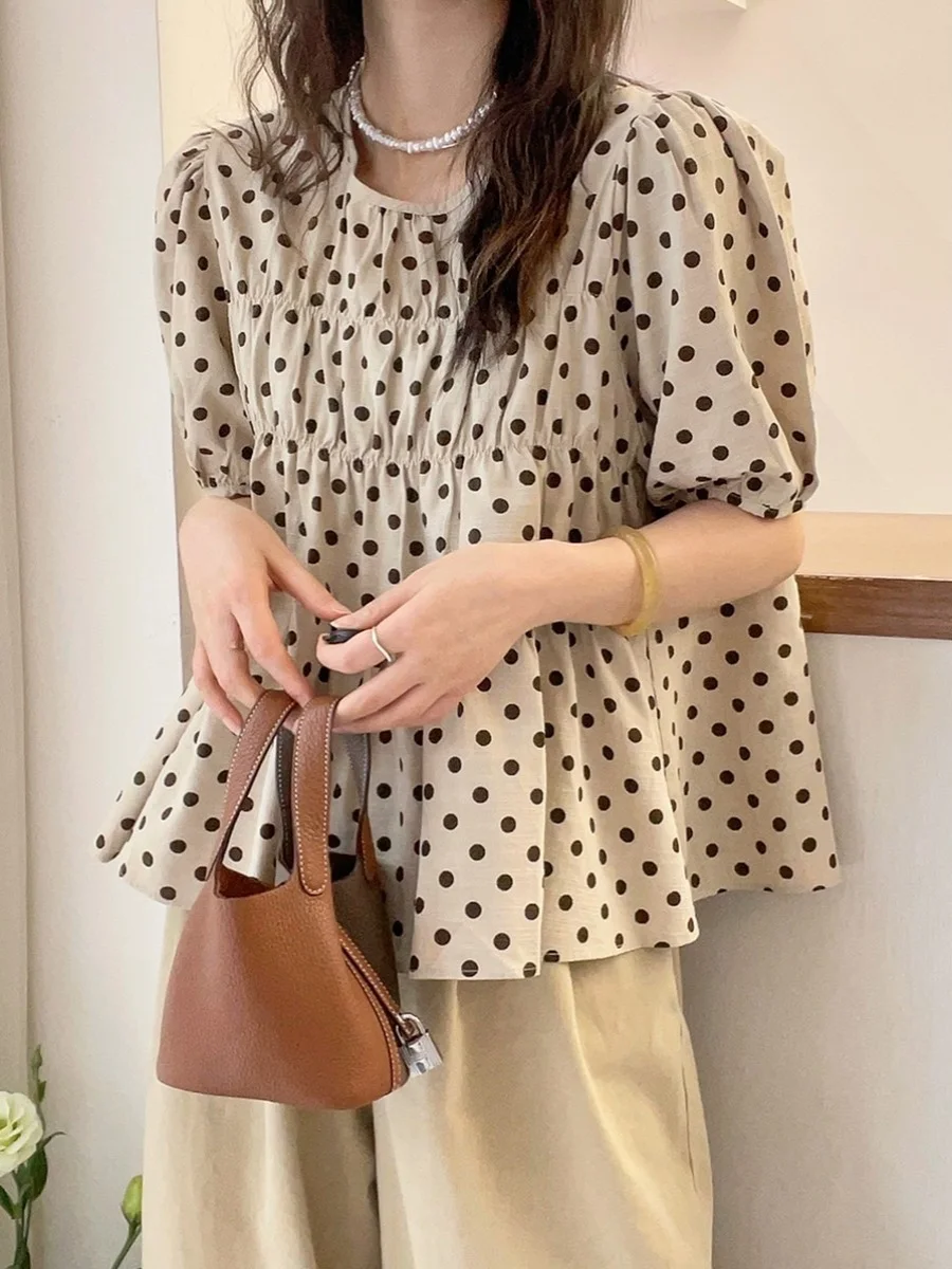Oule Bubble Sleeve Polka Dot A-Line Cotton Linen Shirt Women Summer Fashion European Style Small Shirt Street Style Loose Fit
