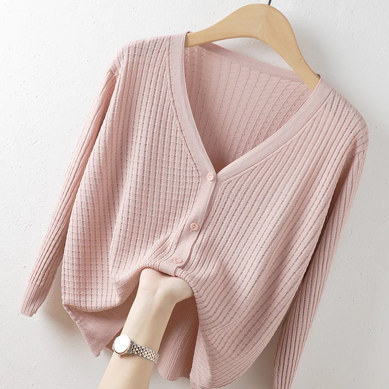 

Knitted Women Sweater Cardigan Summer New 2022 Solid V-Neck Long-Sleeved Button Casual Elegant Lady Outwear Coats Tops