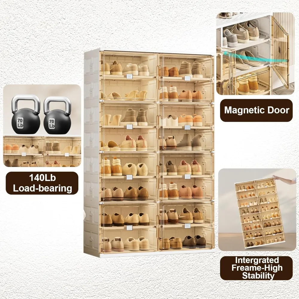32 زوجًا من خزانة الأحذية المكونة من 3 خطوات للتركيب السريع، صندوق أحذية بلاستيكي مع باب مغناطيسي شفاف للعرض، منظم الأحذية