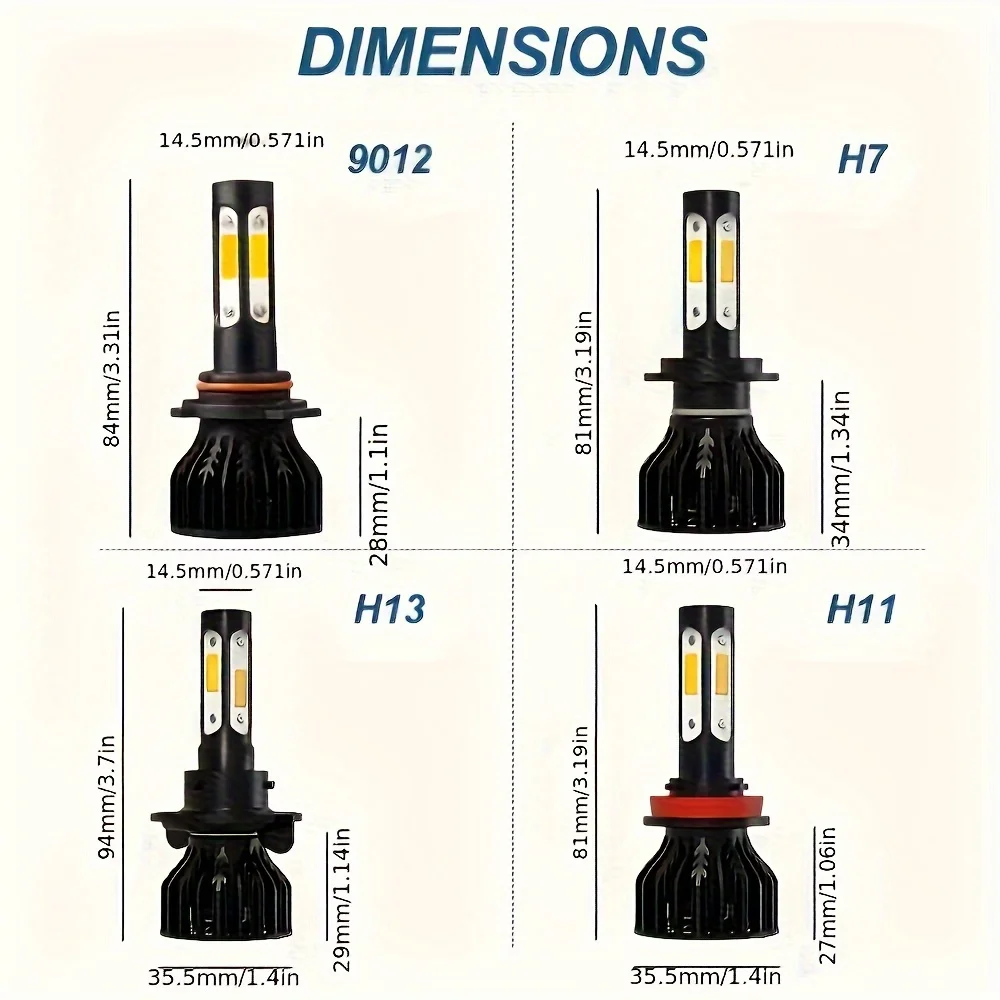 4-sided Car Lamps 9005/HB3 9006/HB4 H11 9012 H7 LED Lights Headlight 9004 9007 H4 H13 25000LM 180W 360° Beam Angle COB Chip Bulb