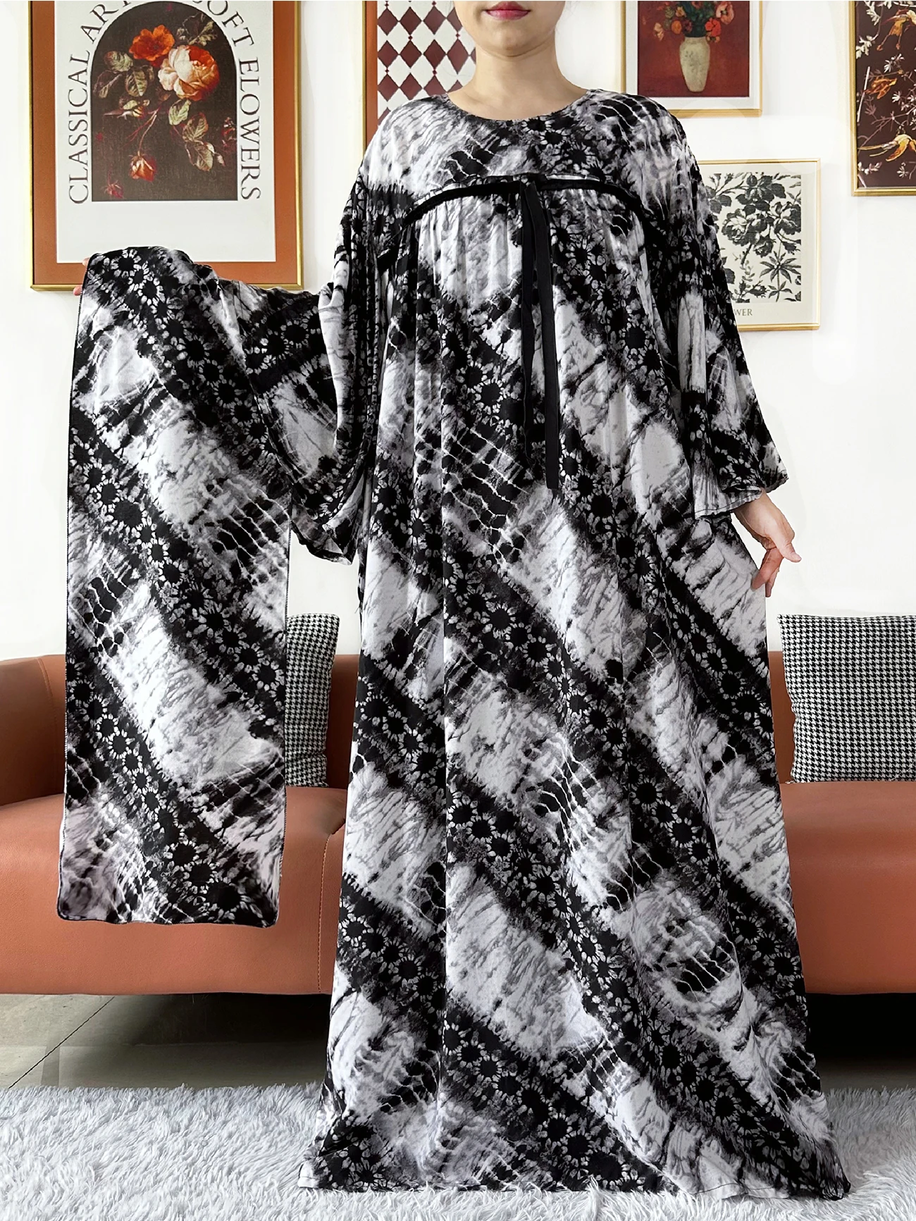 

African Women Long Sleeve Cotton Dress Tie-dye Printed Women Dashiki Kaftan Robe Loose Comfortable Long Abaya Muslim Boudou