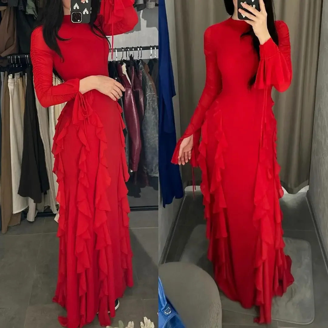 Vestidos de fiesta elegantes de sirena de manga larga para mujer, vestidos de noche con cuello redondo, vestidos largos plisados de gasa para ocasiones especiales