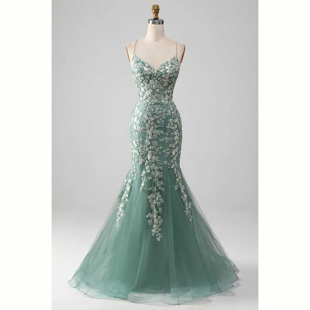 Exquisite Elegant Green Women Prom Dresses Sexy Backless Trumpet Floor Length Spaghetti Strap Sweetheart Female Party Gowns