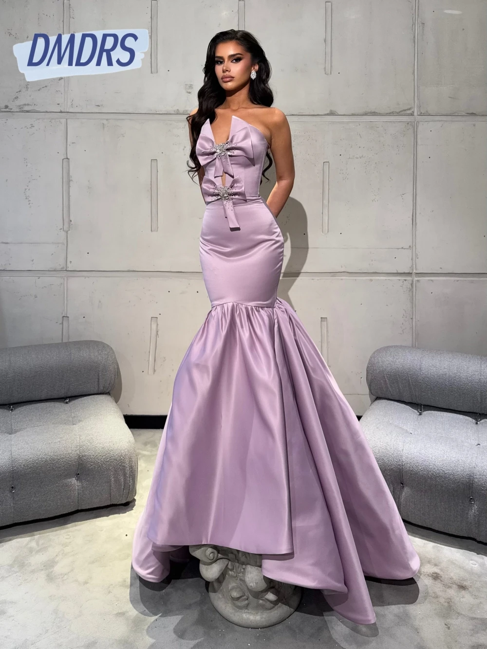 

Romantic Crystals Bow Mermaid Evening Dress Customized Modern Strapless Long Prom Gown Classy Satin Popular Cocktail Dresses