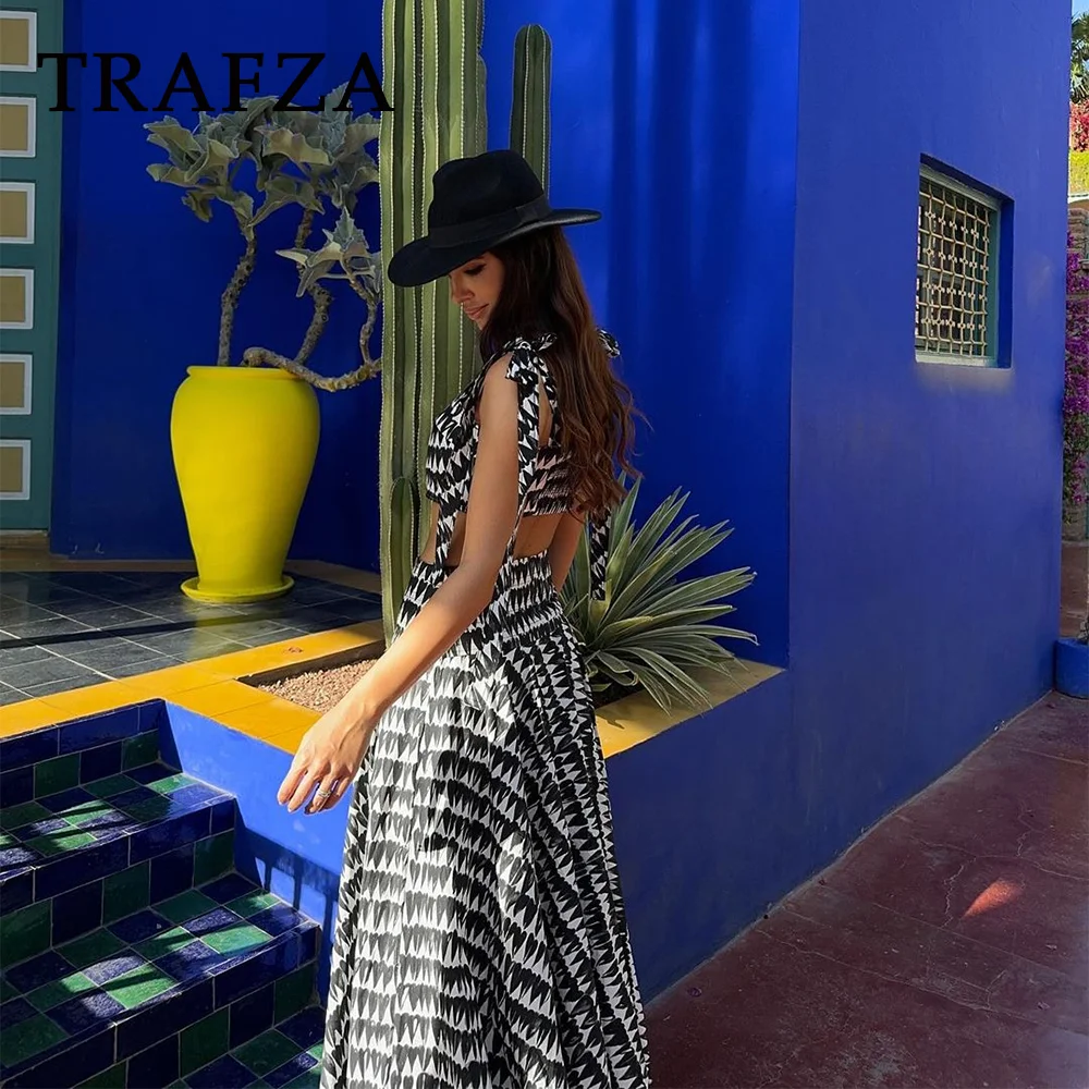 TRAFZA 2024 Spring Summer Women Print Casual Elegant Suits Fashion Strapless Sleeveless Short Tops+Chic Loose Long Skirt