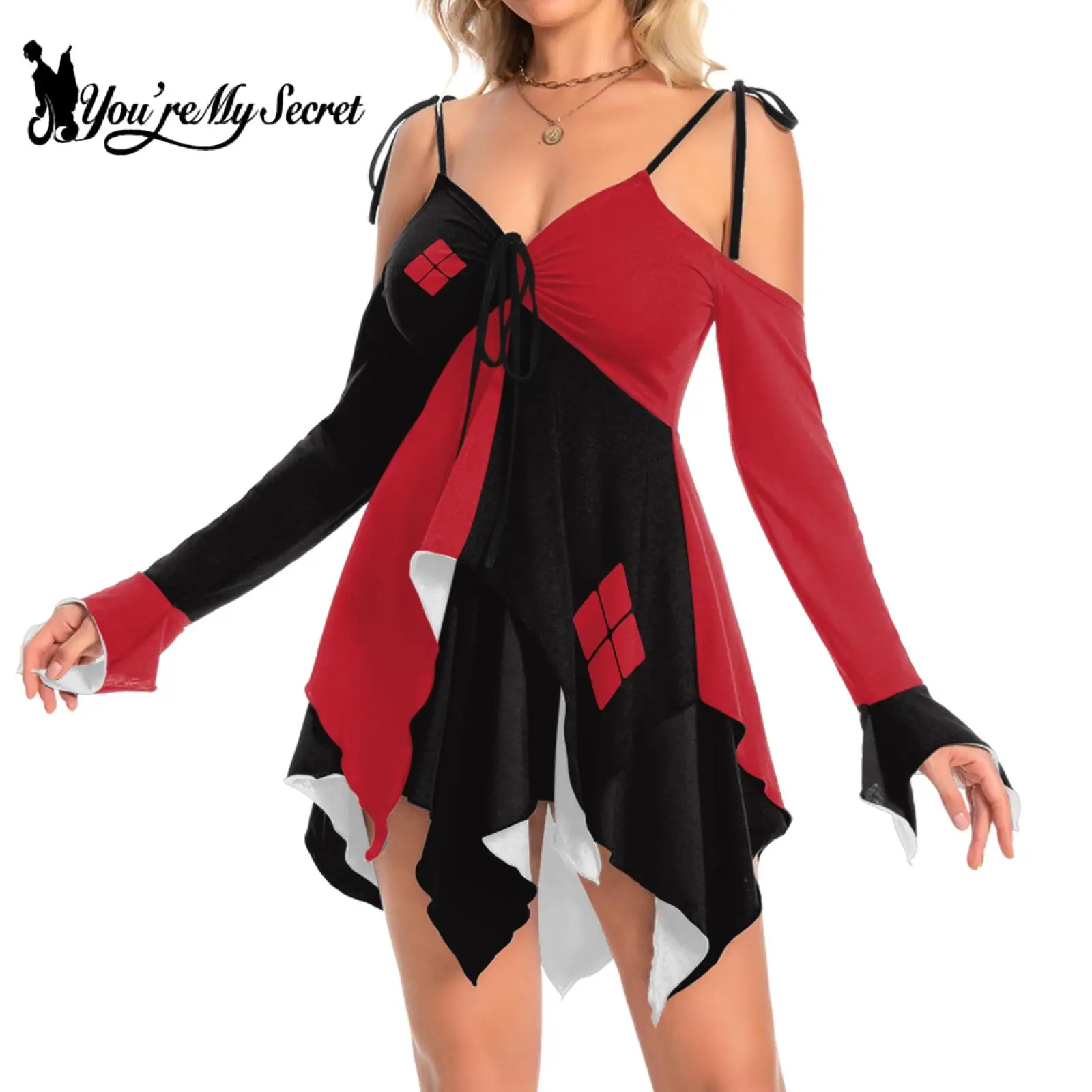 [You're My Secret] Adult Women Sexy Harley Clown Long Sleeve Irregular Midi Backless Dresses Halloween Night Club Party Female