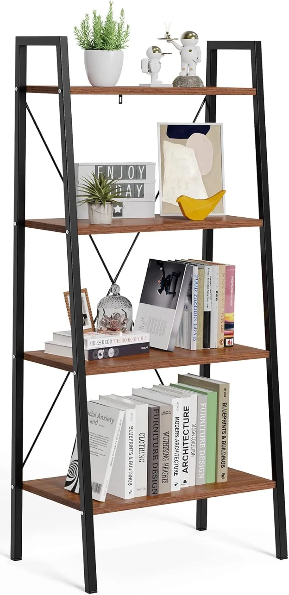 

FURNINXS Ladder Shelf Bookcase, Bookshelf 4 Tier, Industrial Standing Shelf Storage Rack Storage Organizer Plant Stand, Steel